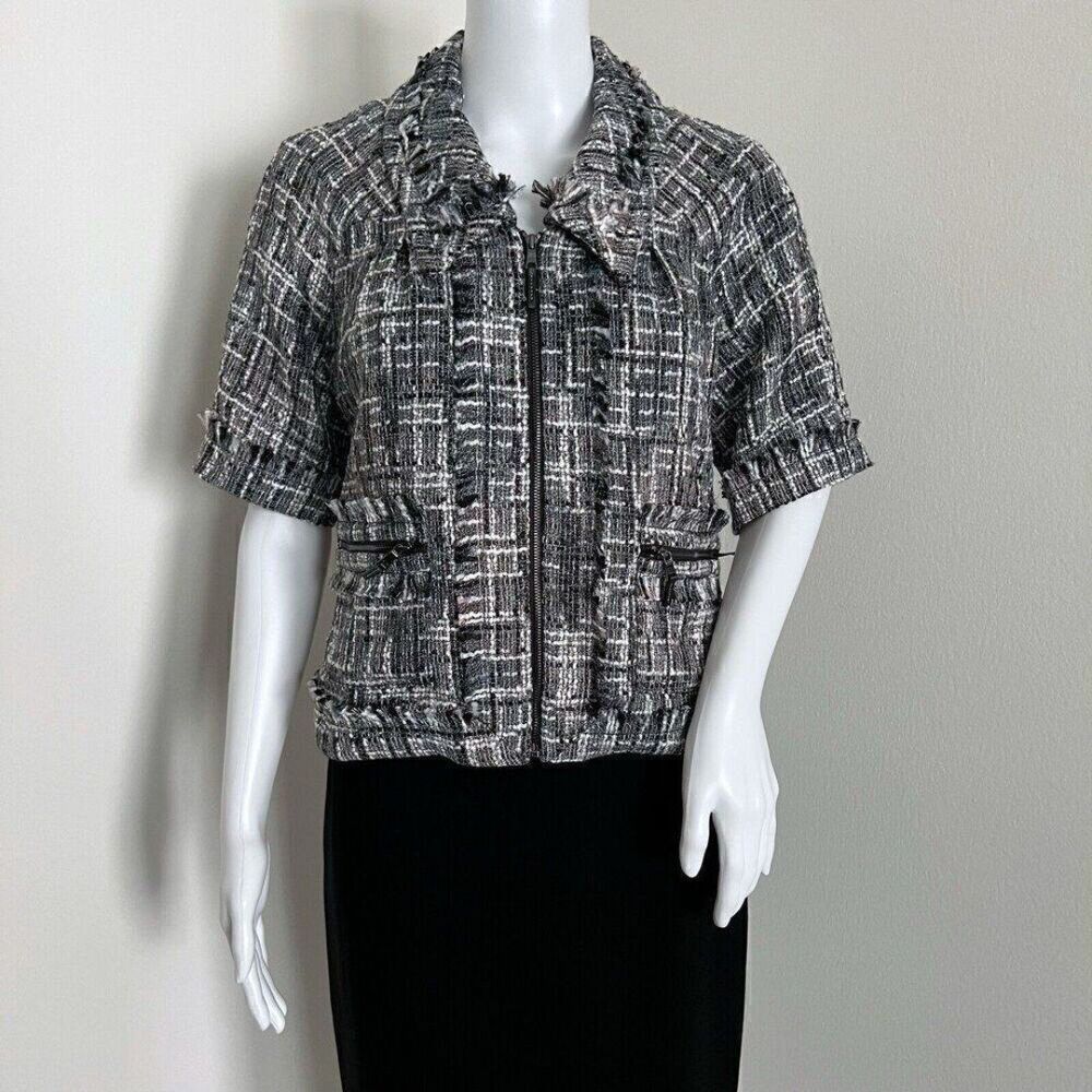 Carlisle Collection Womens Adonis Tweed Jacket Size 4 Black White Short Sleeve